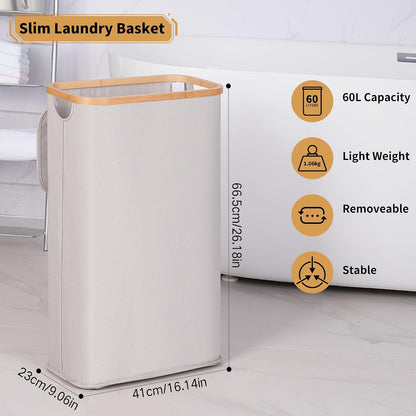 65L Slim Laundry Hamper, Narrow Laundry Basket with Lid,Foldable Clothes Hamper with Bamboo Handles,Hamper Basket with Removable Inner Bag for Laundry Room Bedroom College Dorm,17.17 Gals Pink