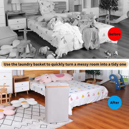 65L Slim Laundry Hamper, Narrow Laundry Basket with Lid,Foldable Clothes Hamper with Bamboo Handles,Hamper Basket with Removable Inner Bag for Laundry Room Bedroom College Dorm,17.17 Gals Pink