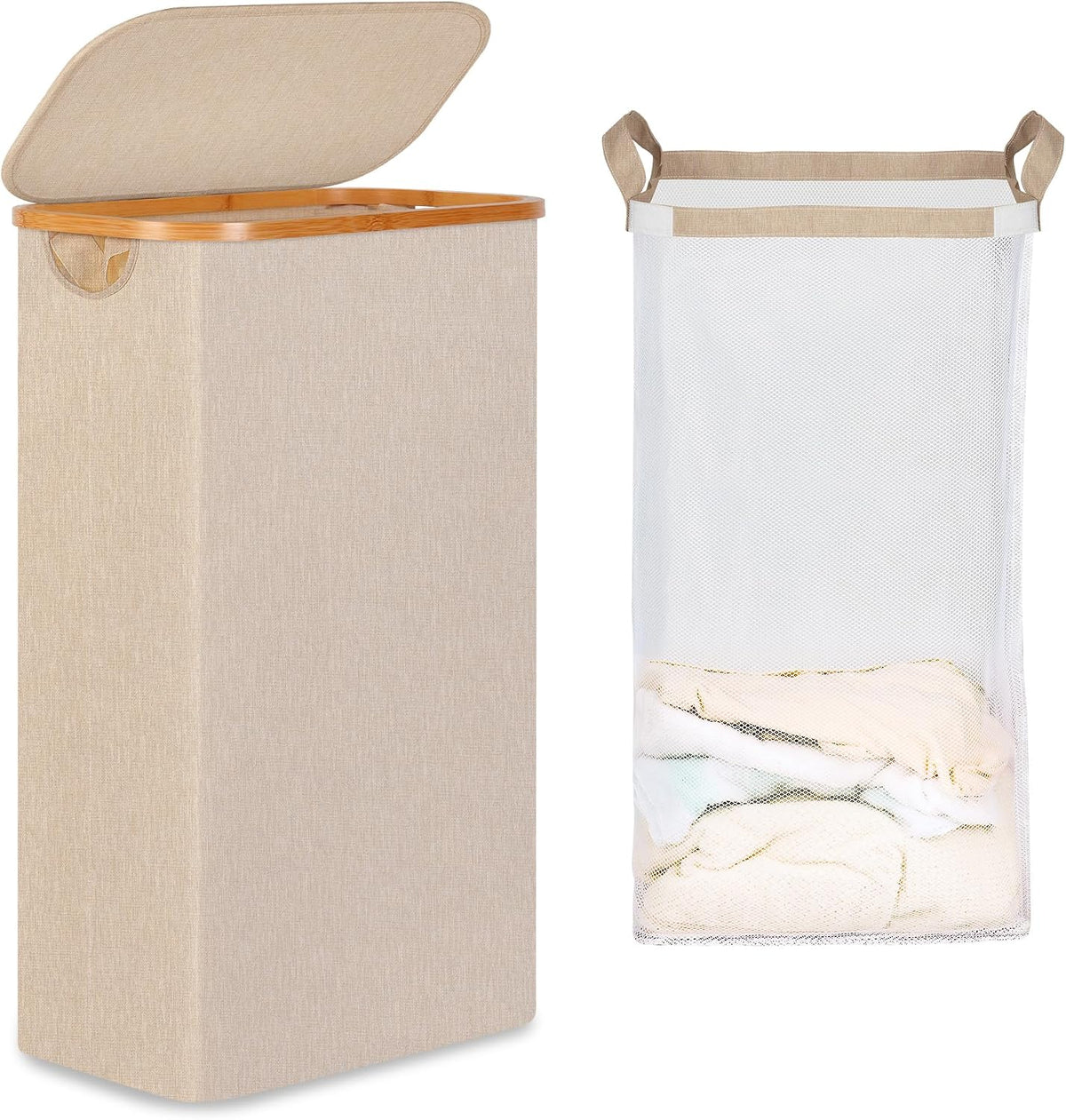 65L Slim Laundry Hamper, Narrow Laundry Basket with Lid,Foldable Clothes Hamper with Bamboo Handles,Hamper Basket with Removable Inner Bag for Laundry Room Bedroom College Dorm,17.17 Gals Pink