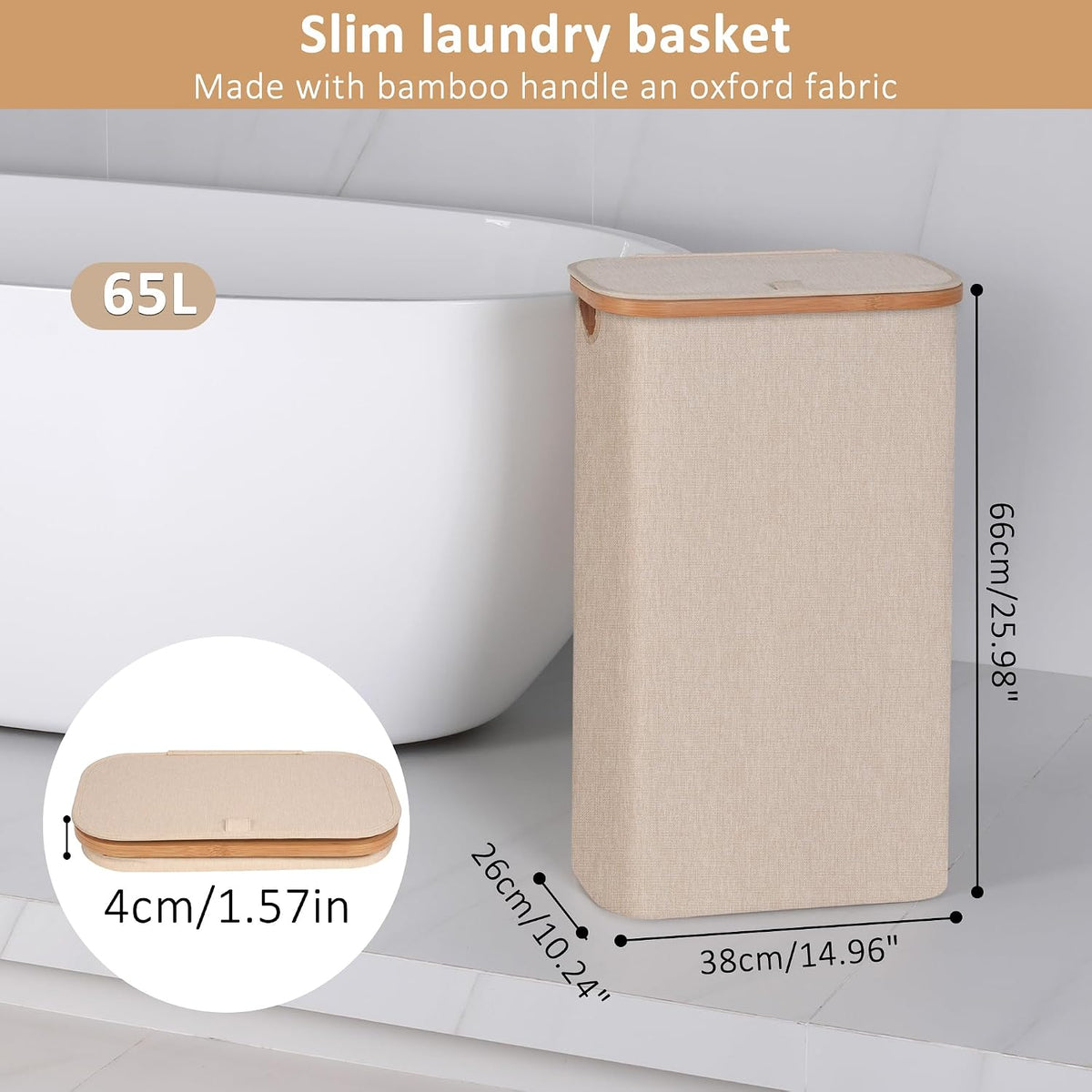 65L Slim Laundry Hamper, Narrow Laundry Basket with Lid,Foldable Clothes Hamper with Bamboo Handles,Hamper Basket with Removable Inner Bag for Laundry Room Bedroom College Dorm,17.17 Gals Pink