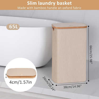 65L Slim Laundry Hamper, Narrow Laundry Basket with Lid,Foldable Clothes Hamper with Bamboo Handles,Hamper Basket with Removable Inner Bag for Laundry Room Bedroom College Dorm,17.17 Gals Pink