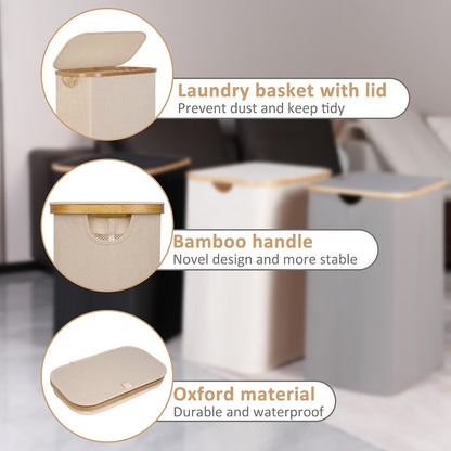 65L Slim Laundry Hamper, Narrow Laundry Basket with Lid,Foldable Clothes Hamper with Bamboo Handles,Hamper Basket with Removable Inner Bag for Laundry Room Bedroom College Dorm,17.17 Gals Pink