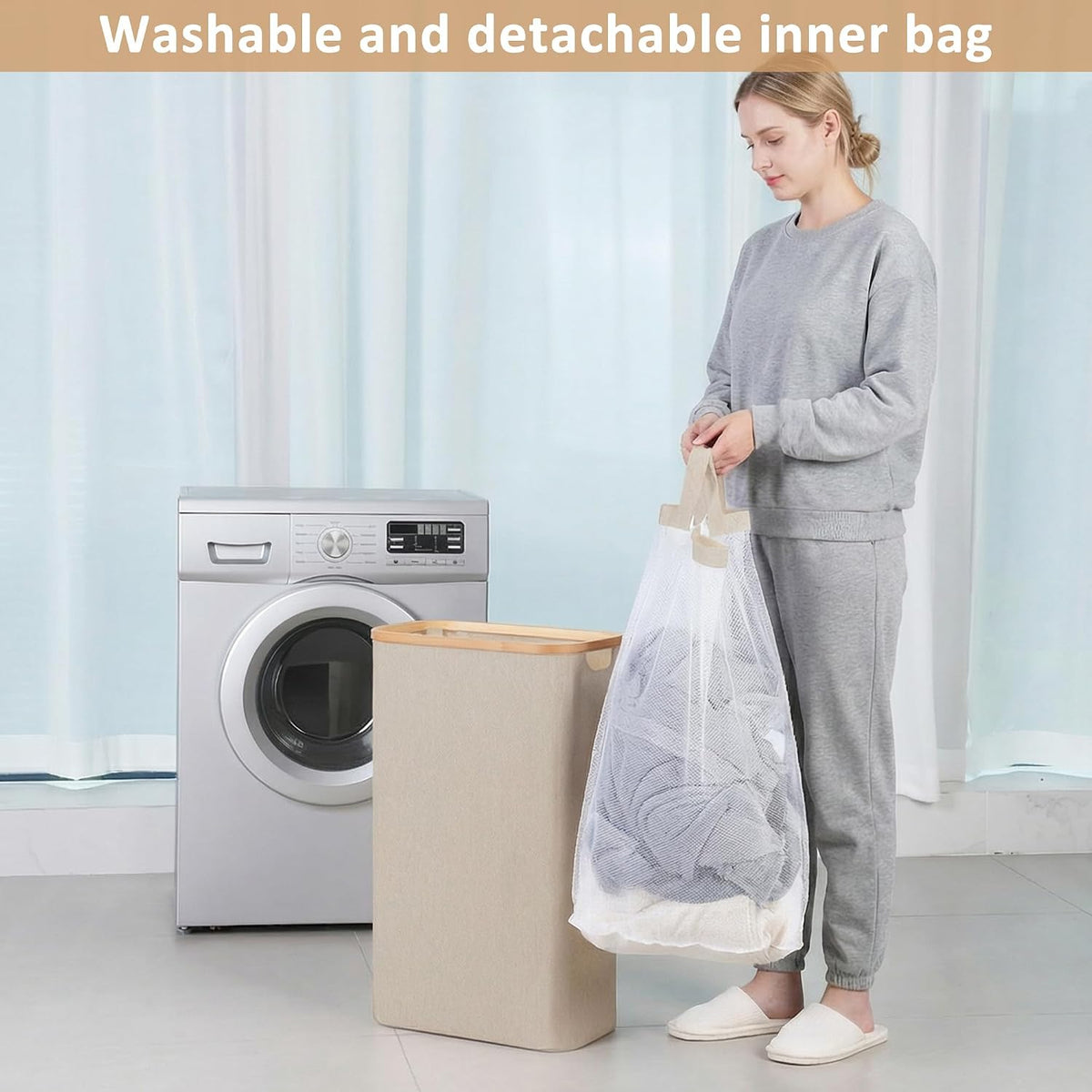 65L Slim Laundry Hamper, Narrow Laundry Basket with Lid,Foldable Clothes Hamper with Bamboo Handles,Hamper Basket with Removable Inner Bag for Laundry Room Bedroom College Dorm,17.17 Gals Pink