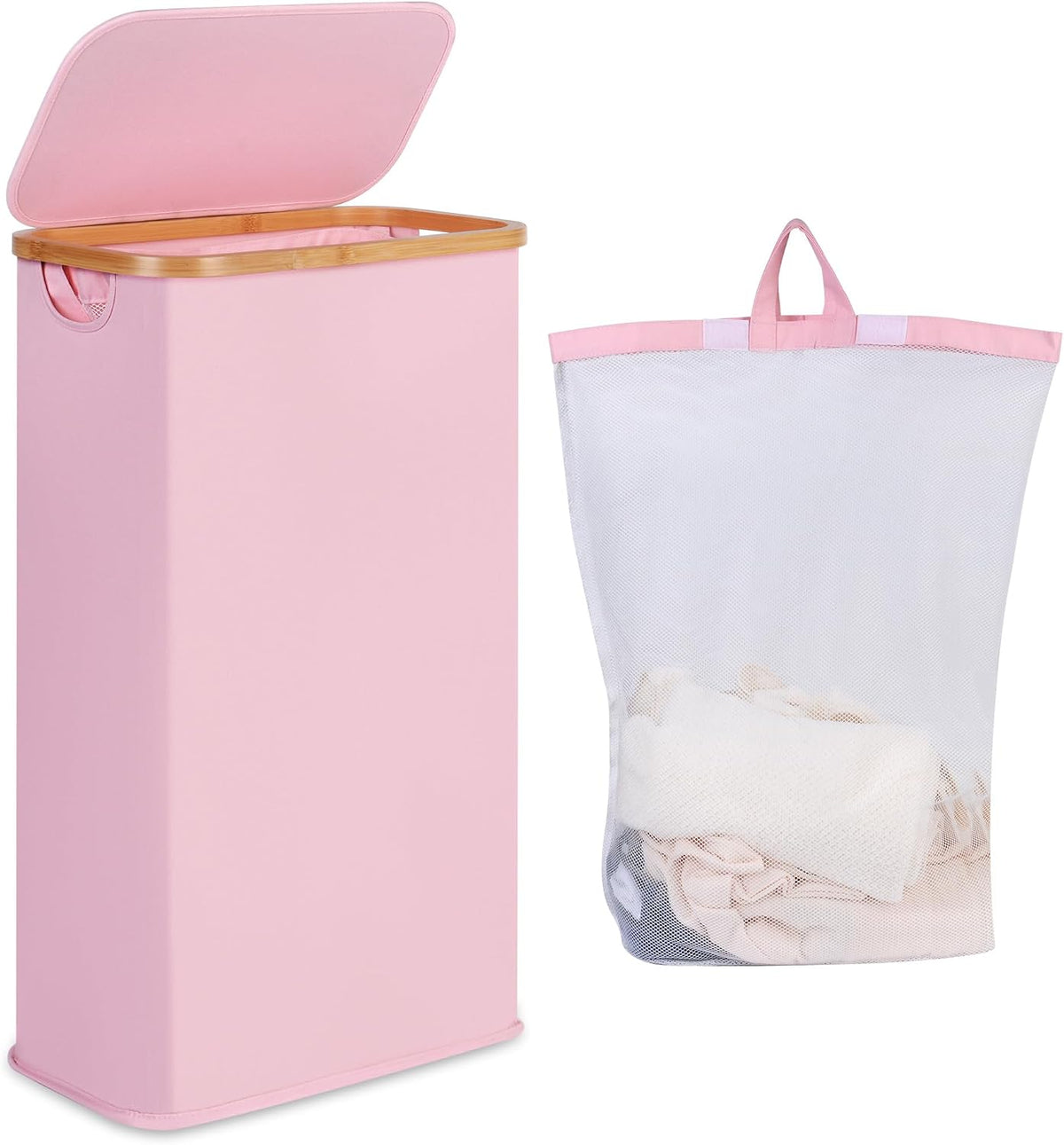 65L Slim Laundry Hamper, Narrow Laundry Basket with Lid,Foldable Clothes Hamper with Bamboo Handles,Hamper Basket with Removable Inner Bag for Laundry Room Bedroom College Dorm,17.17 Gals Pink