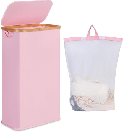 65L Slim Laundry Hamper, Narrow Laundry Basket with Lid,Foldable Clothes Hamper with Bamboo Handles,Hamper Basket with Removable Inner Bag for Laundry Room Bedroom College Dorm,17.17 Gals Pink