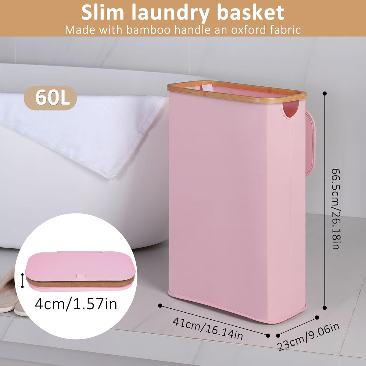 65L Slim Laundry Hamper, Narrow Laundry Basket with Lid,Foldable Clothes Hamper with Bamboo Handles,Hamper Basket with Removable Inner Bag for Laundry Room Bedroom College Dorm,17.17 Gals Pink