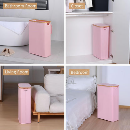 65L Slim Laundry Hamper, Narrow Laundry Basket with Lid,Foldable Clothes Hamper with Bamboo Handles,Hamper Basket with Removable Inner Bag for Laundry Room Bedroom College Dorm,17.17 Gals Pink