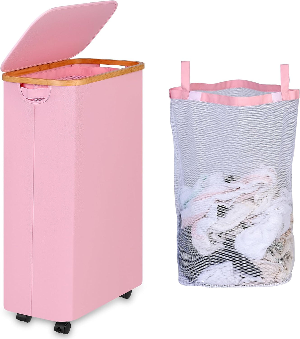65L Slim Laundry Hamper, Narrow Laundry Basket with Lid,Foldable Clothes Hamper with Bamboo Handles,Hamper Basket with Removable Inner Bag for Laundry Room Bedroom College Dorm,17.17 Gals Pink
