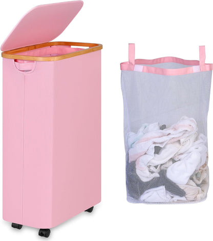 65L Slim Laundry Hamper, Narrow Laundry Basket with Lid,Foldable Clothes Hamper with Bamboo Handles,Hamper Basket with Removable Inner Bag for Laundry Room Bedroom College Dorm,17.17 Gals Pink