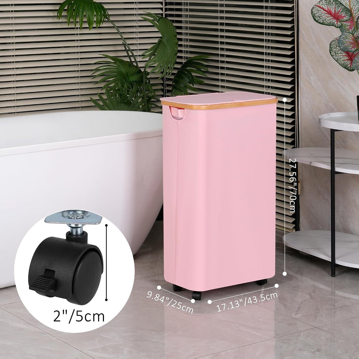 65L Slim Laundry Hamper, Narrow Laundry Basket with Lid,Foldable Clothes Hamper with Bamboo Handles,Hamper Basket with Removable Inner Bag for Laundry Room Bedroom College Dorm,17.17 Gals Pink