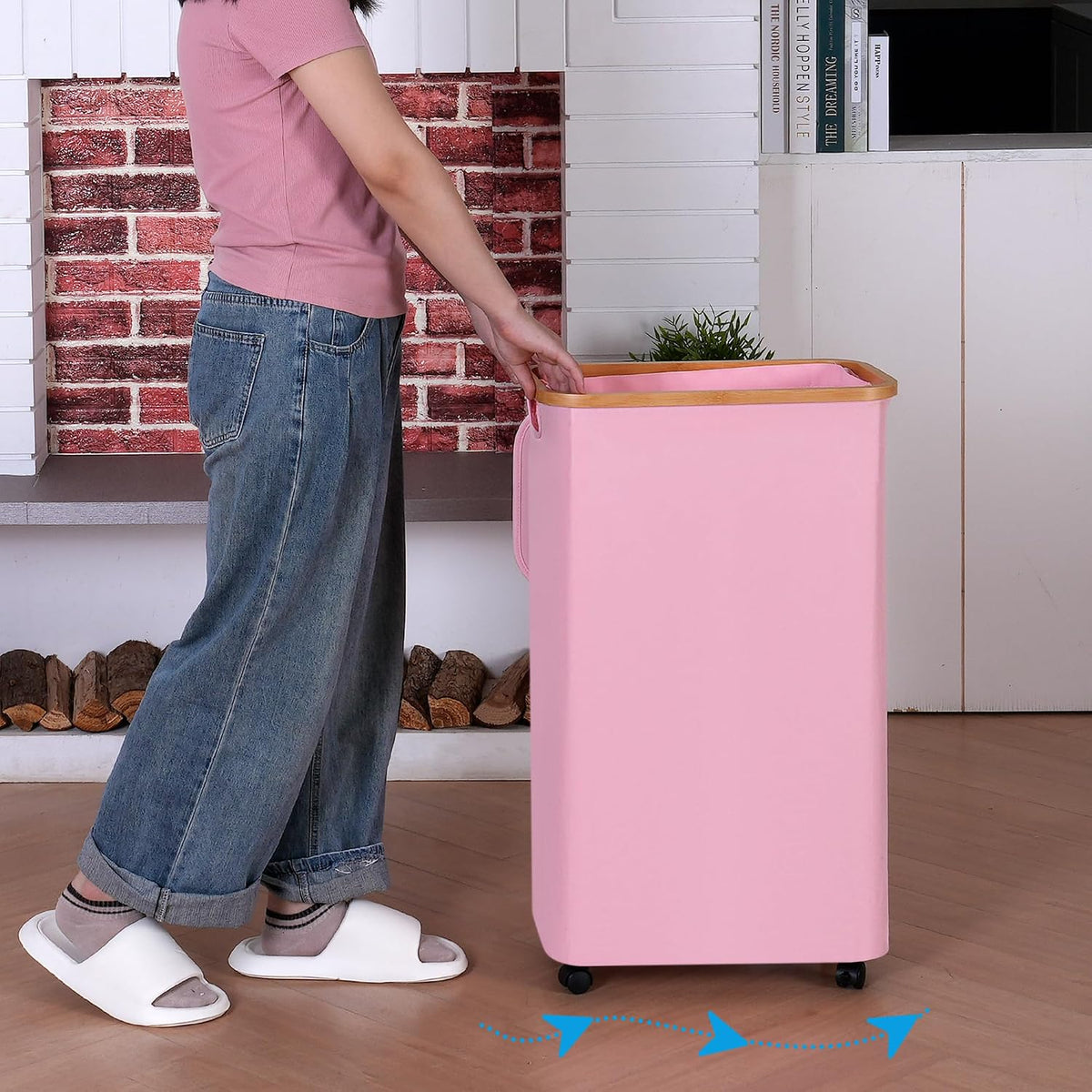 65L Slim Laundry Hamper, Narrow Laundry Basket with Lid,Foldable Clothes Hamper with Bamboo Handles,Hamper Basket with Removable Inner Bag for Laundry Room Bedroom College Dorm,17.17 Gals Pink