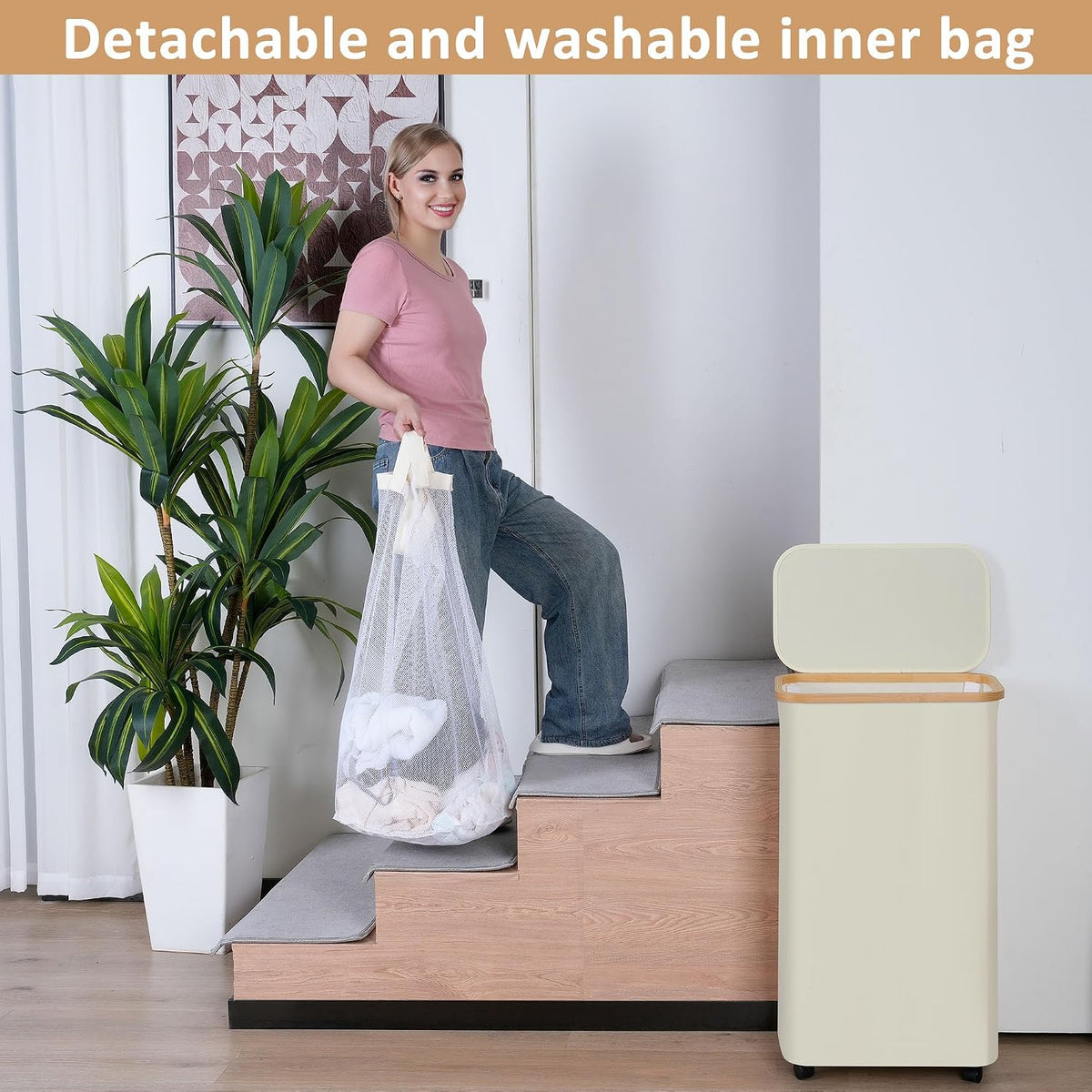 65L Slim Laundry Hamper, Narrow Laundry Basket with Lid,Foldable Clothes Hamper with Bamboo Handles,Hamper Basket with Removable Inner Bag for Laundry Room Bedroom College Dorm,17.17 Gals Pink