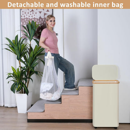 65L Slim Laundry Hamper, Narrow Laundry Basket with Lid,Foldable Clothes Hamper with Bamboo Handles,Hamper Basket with Removable Inner Bag for Laundry Room Bedroom College Dorm,17.17 Gals Pink