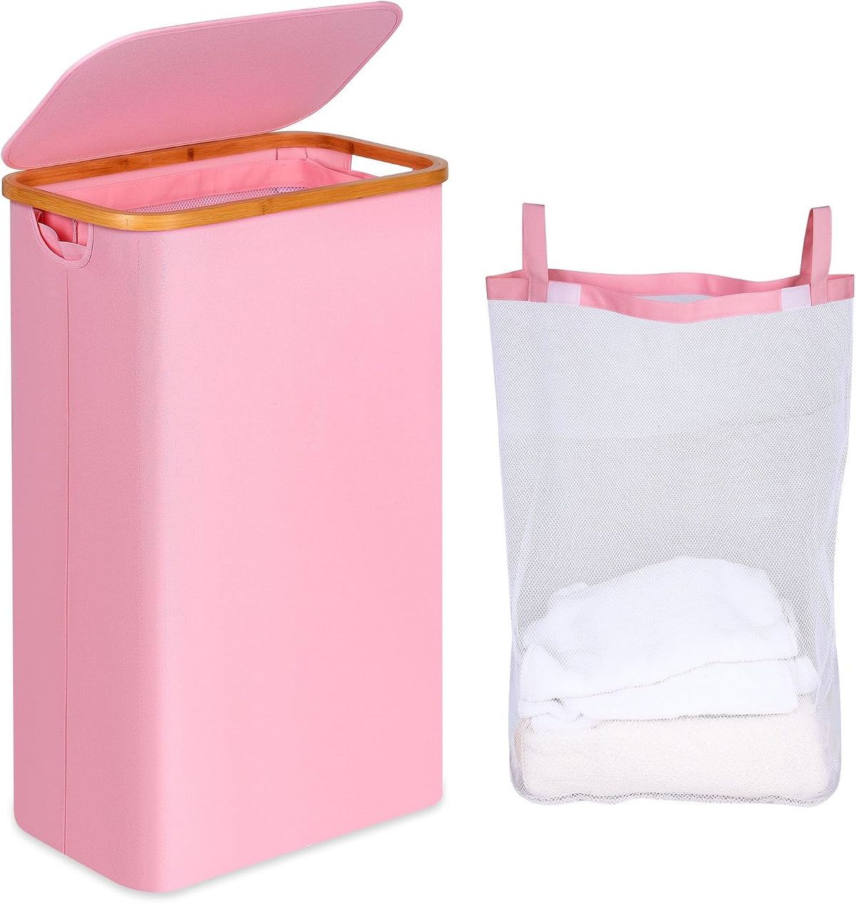 65L Slim Laundry Hamper, Narrow Laundry Basket with Lid,Foldable Clothes Hamper with Bamboo Handles,Hamper Basket with Removable Inner Bag for Laundry Room Bedroom College Dorm,17.17 Gals Pink