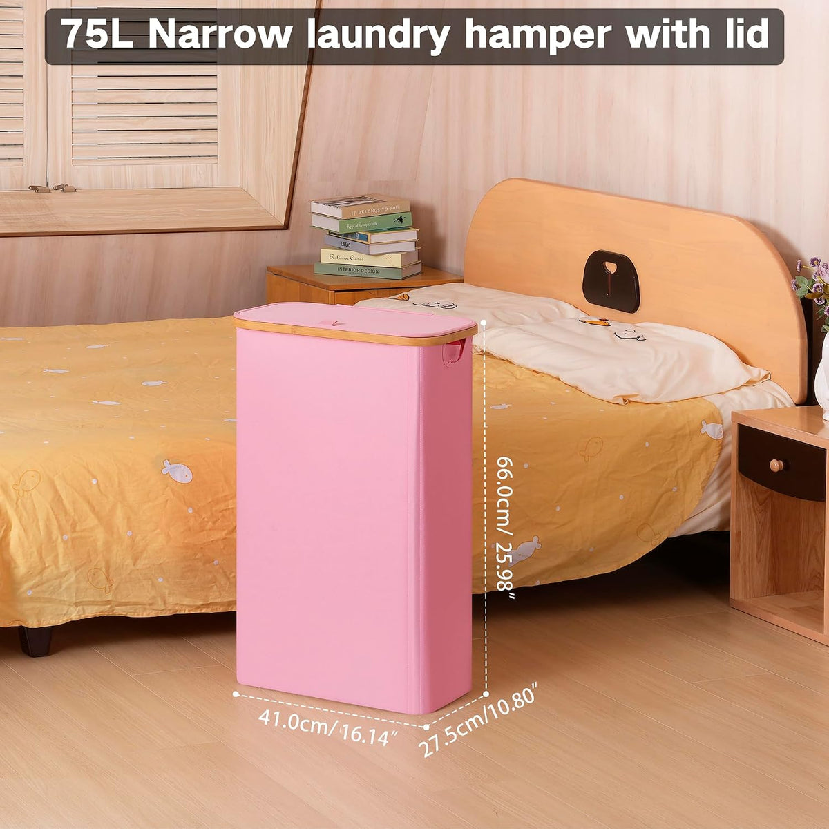65L Slim Laundry Hamper, Narrow Laundry Basket with Lid,Foldable Clothes Hamper with Bamboo Handles,Hamper Basket with Removable Inner Bag for Laundry Room Bedroom College Dorm,17.17 Gals Pink