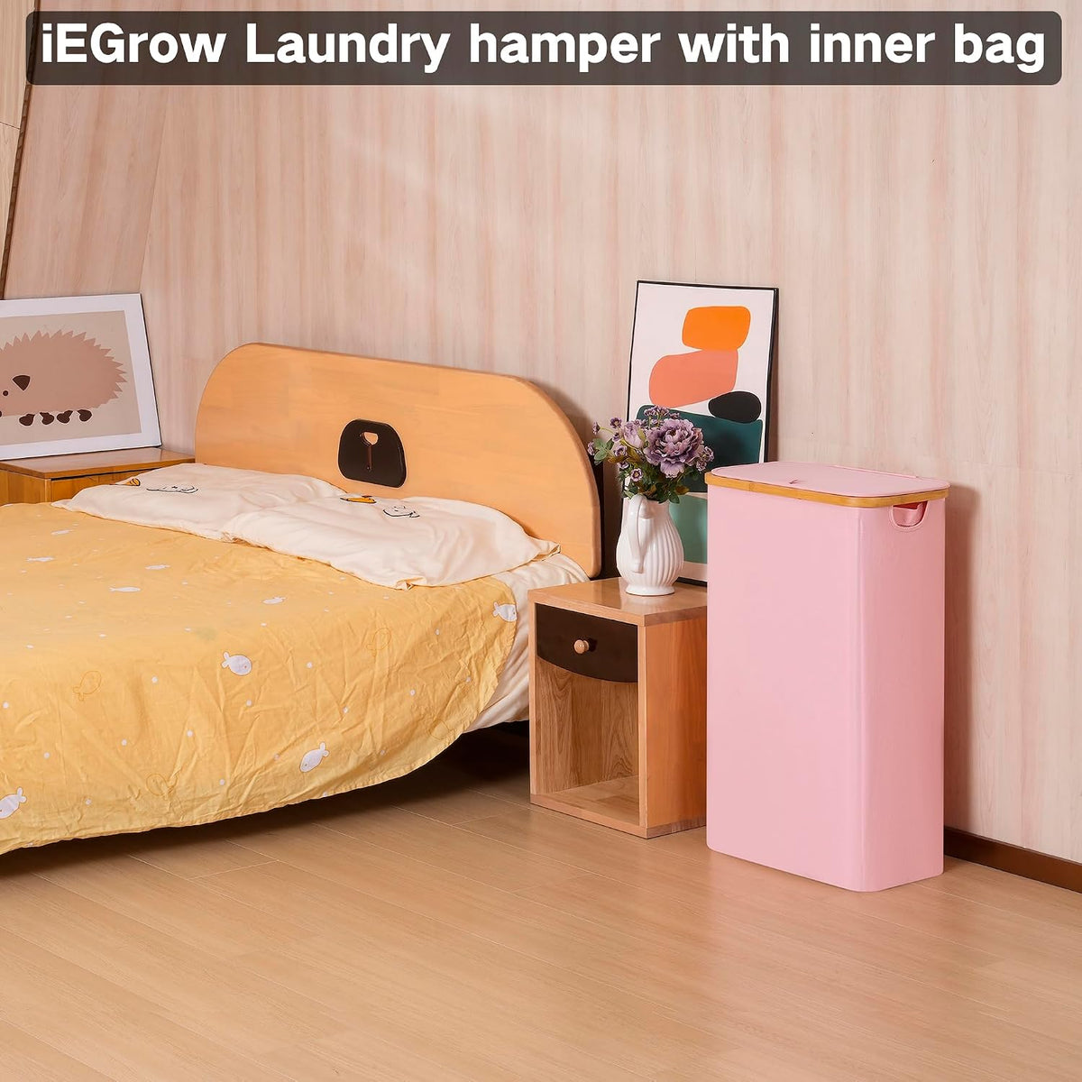 65L Slim Laundry Hamper, Narrow Laundry Basket with Lid,Foldable Clothes Hamper with Bamboo Handles,Hamper Basket with Removable Inner Bag for Laundry Room Bedroom College Dorm,17.17 Gals Pink