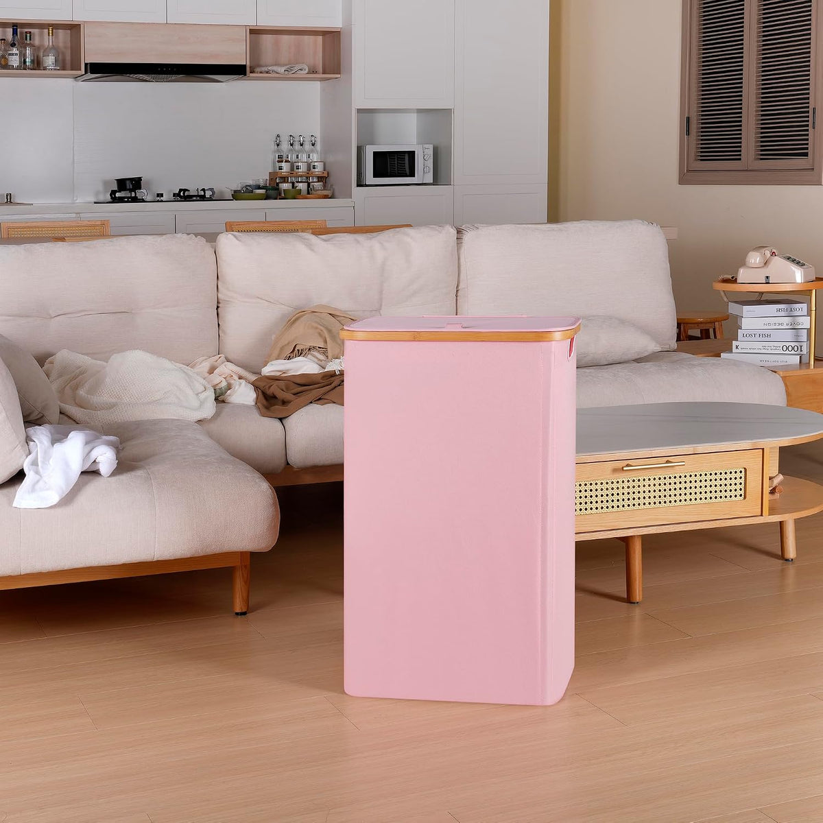 65L Slim Laundry Hamper, Narrow Laundry Basket with Lid,Foldable Clothes Hamper with Bamboo Handles,Hamper Basket with Removable Inner Bag for Laundry Room Bedroom College Dorm,17.17 Gals Pink