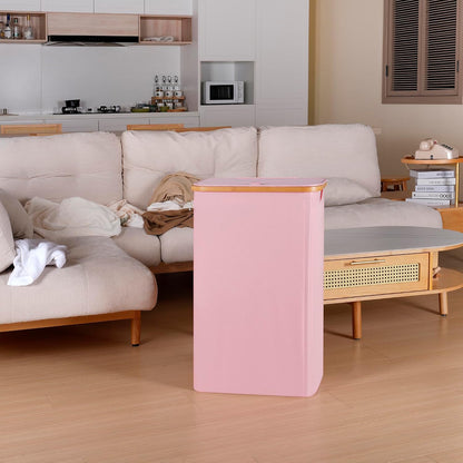65L Slim Laundry Hamper, Narrow Laundry Basket with Lid,Foldable Clothes Hamper with Bamboo Handles,Hamper Basket with Removable Inner Bag for Laundry Room Bedroom College Dorm,17.17 Gals Pink