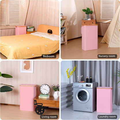 65L Slim Laundry Hamper, Narrow Laundry Basket with Lid,Foldable Clothes Hamper with Bamboo Handles,Hamper Basket with Removable Inner Bag for Laundry Room Bedroom College Dorm,17.17 Gals Pink