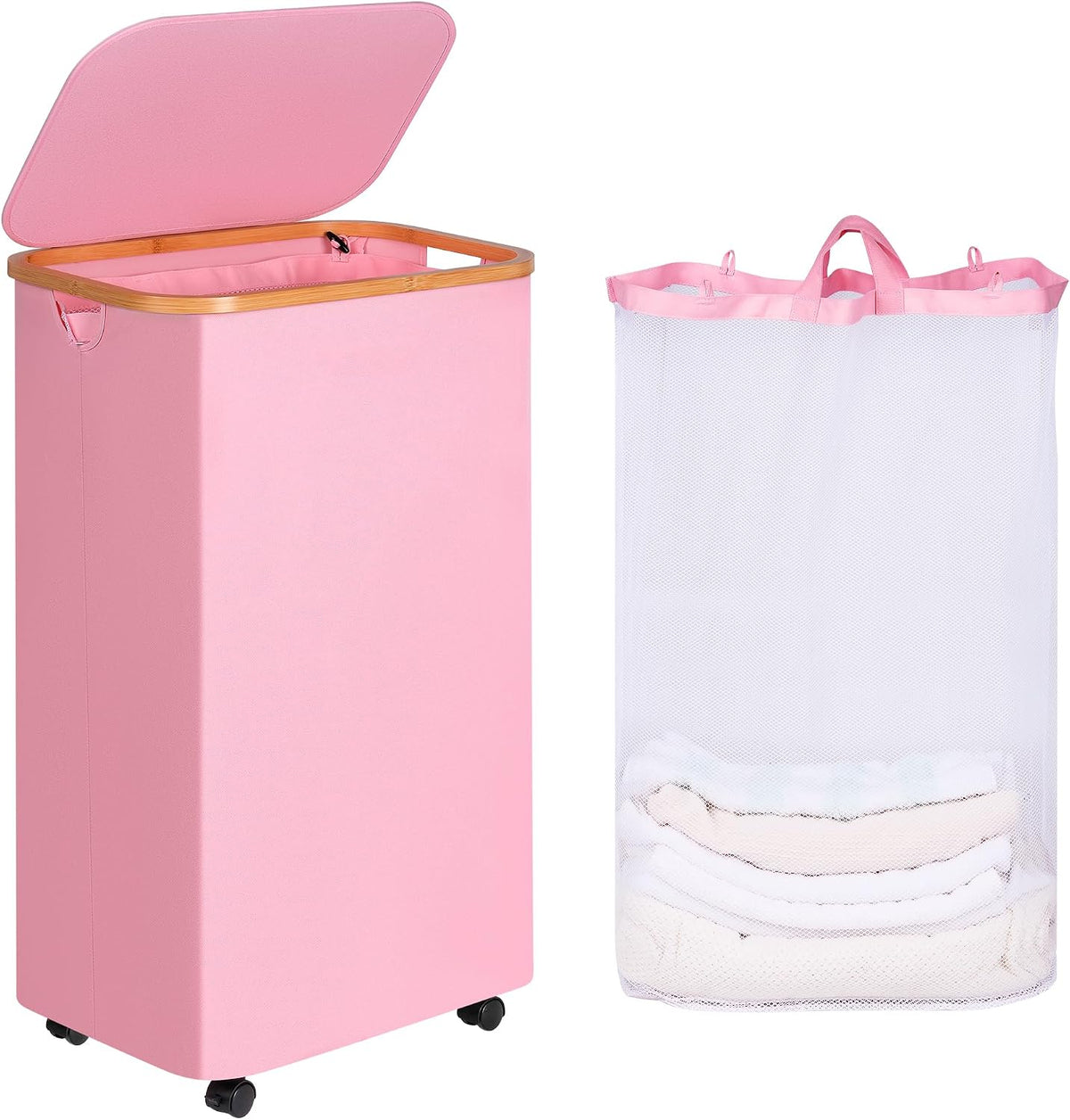 65L Slim Laundry Hamper, Narrow Laundry Basket with Lid,Foldable Clothes Hamper with Bamboo Handles,Hamper Basket with Removable Inner Bag for Laundry Room Bedroom College Dorm,17.17 Gals Pink
