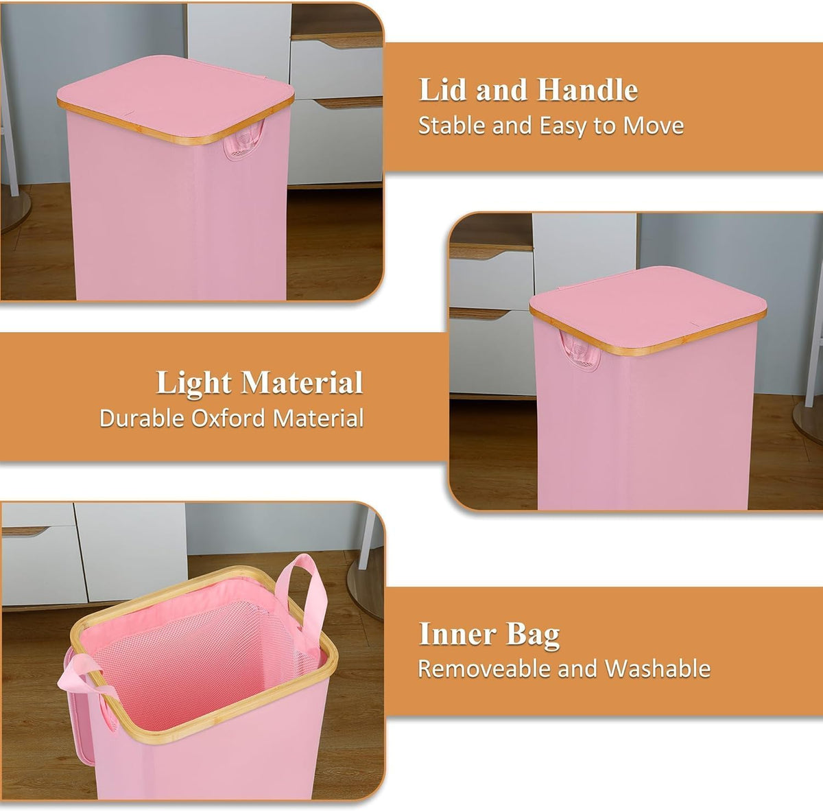 65L Slim Laundry Hamper, Narrow Laundry Basket with Lid,Foldable Clothes Hamper with Bamboo Handles,Hamper Basket with Removable Inner Bag for Laundry Room Bedroom College Dorm,17.17 Gals Pink