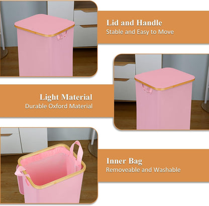 65L Slim Laundry Hamper, Narrow Laundry Basket with Lid,Foldable Clothes Hamper with Bamboo Handles,Hamper Basket with Removable Inner Bag for Laundry Room Bedroom College Dorm,17.17 Gals Pink