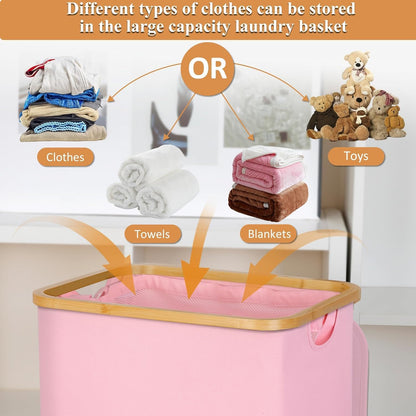 65L Slim Laundry Hamper, Narrow Laundry Basket with Lid,Foldable Clothes Hamper with Bamboo Handles,Hamper Basket with Removable Inner Bag for Laundry Room Bedroom College Dorm,17.17 Gals Pink