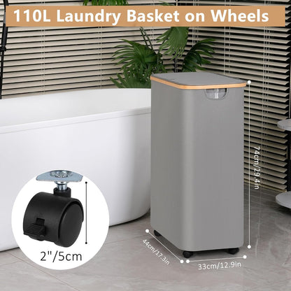 65L Slim Laundry Hamper, Narrow Laundry Basket with Lid,Foldable Clothes Hamper with Bamboo Handles,Hamper Basket with Removable Inner Bag for Laundry Room Bedroom College Dorm,17.17 Gals Pink