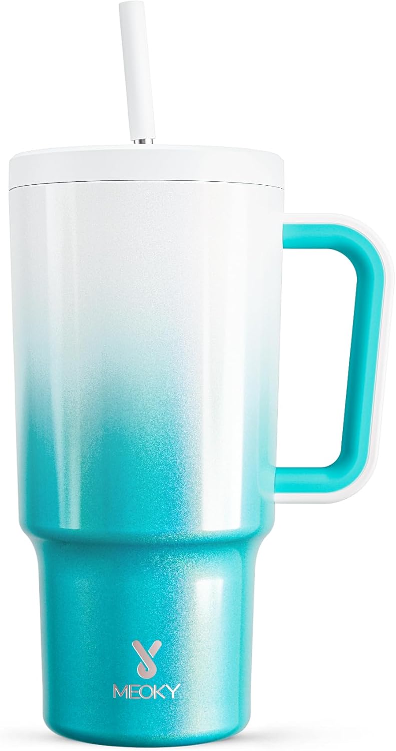 40 oz Tumbler with Handle and Straw: Stainless Steel Insulated Tumbler with Lid and Straw - 100% Leak Proof Tumbler for Car Cup Holders - Travelers Commuters Workers, Blue Rose