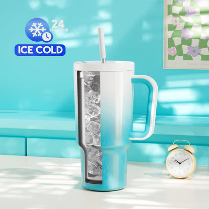 40 oz Tumbler with Handle and Straw: Stainless Steel Insulated Tumbler with Lid and Straw - 100% Leak Proof Tumbler for Car Cup Holders - Travelers Commuters Workers, Blue Rose