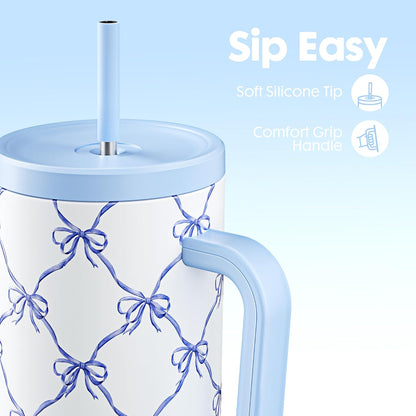 40 oz Tumbler with Handle and Straw: Stainless Steel Insulated Tumbler with Lid and Straw - 100% Leak Proof Tumbler for Car Cup Holders - Travelers Commuters Workers, Blue Rose
