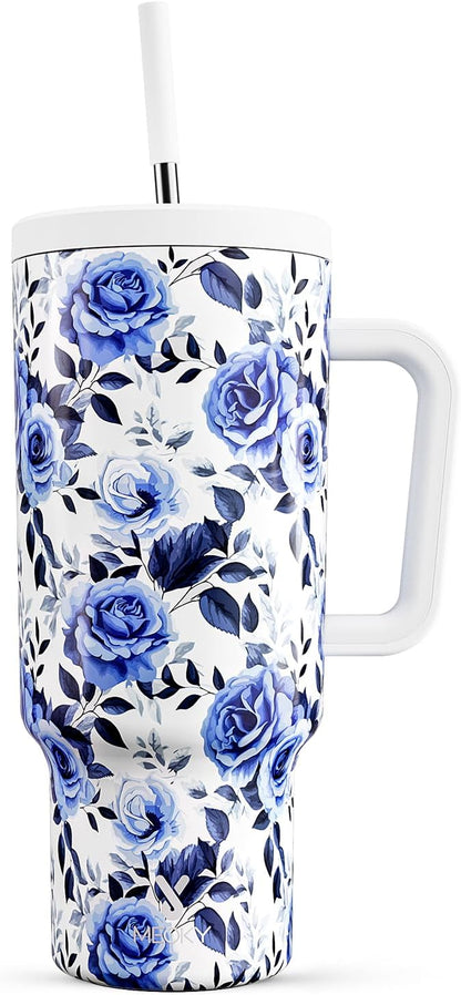 40 oz Tumbler with Handle and Straw: Stainless Steel Insulated Tumbler with Lid and Straw - 100% Leak Proof Tumbler for Car Cup Holders - Travelers Commuters Workers, Blue Rose