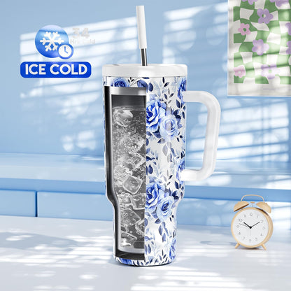 40 oz Tumbler with Handle and Straw: Stainless Steel Insulated Tumbler with Lid and Straw - 100% Leak Proof Tumbler for Car Cup Holders - Travelers Commuters Workers, Blue Rose