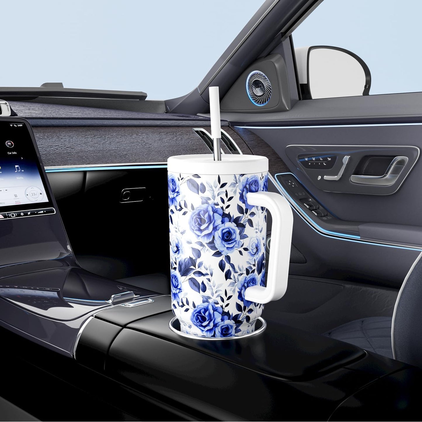 40 oz Tumbler with Handle and Straw: Stainless Steel Insulated Tumbler with Lid and Straw - 100% Leak Proof Tumbler for Car Cup Holders - Travelers Commuters Workers, Blue Rose