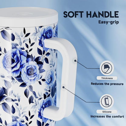 40 oz Tumbler with Handle and Straw: Stainless Steel Insulated Tumbler with Lid and Straw - 100% Leak Proof Tumbler for Car Cup Holders - Travelers Commuters Workers, Blue Rose