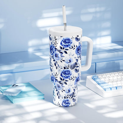 40 oz Tumbler with Handle and Straw: Stainless Steel Insulated Tumbler with Lid and Straw - 100% Leak Proof Tumbler for Car Cup Holders - Travelers Commuters Workers, Blue Rose