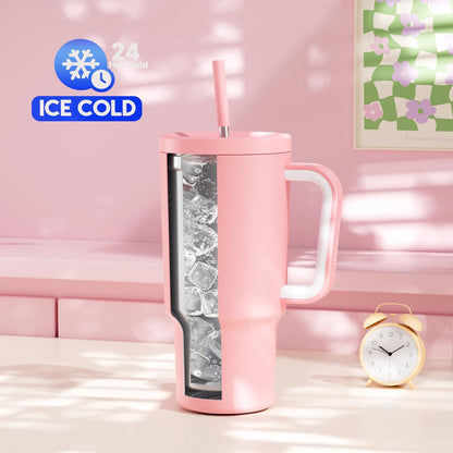 40 oz Tumbler with Handle and Straw: Stainless Steel Insulated Tumbler with Lid and Straw - 100% Leak Proof Tumbler for Car Cup Holders - Travelers Commuters Workers, Blue Rose
