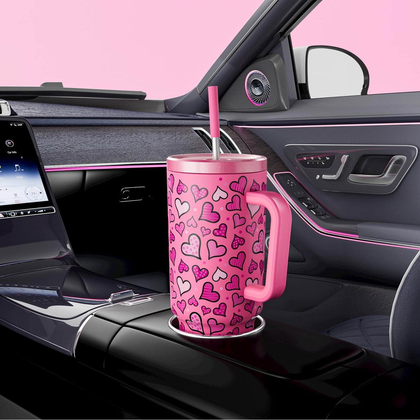 40 oz Tumbler with Handle and Straw: Stainless Steel Insulated Tumbler with Lid and Straw - 100% Leak Proof Tumbler for Car Cup Holders - Travelers Commuters Workers, Blue Rose