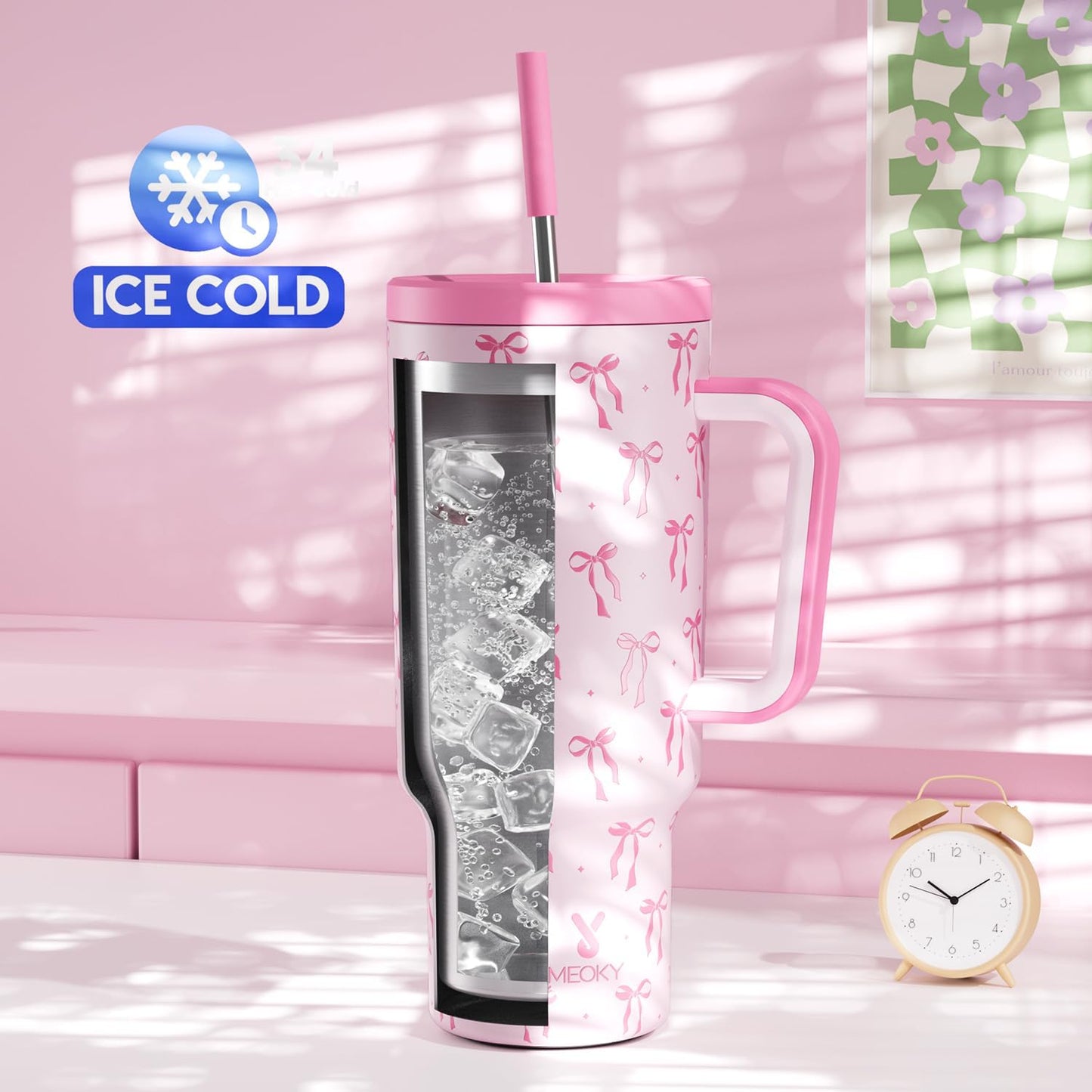 40 oz Tumbler with Handle and Straw: Stainless Steel Insulated Tumbler with Lid and Straw - 100% Leak Proof Tumbler for Car Cup Holders - Travelers Commuters Workers, Blue Rose