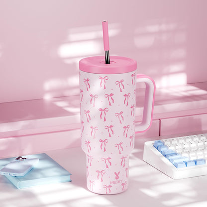 40 oz Tumbler with Handle and Straw: Stainless Steel Insulated Tumbler with Lid and Straw - 100% Leak Proof Tumbler for Car Cup Holders - Travelers Commuters Workers, Blue Rose