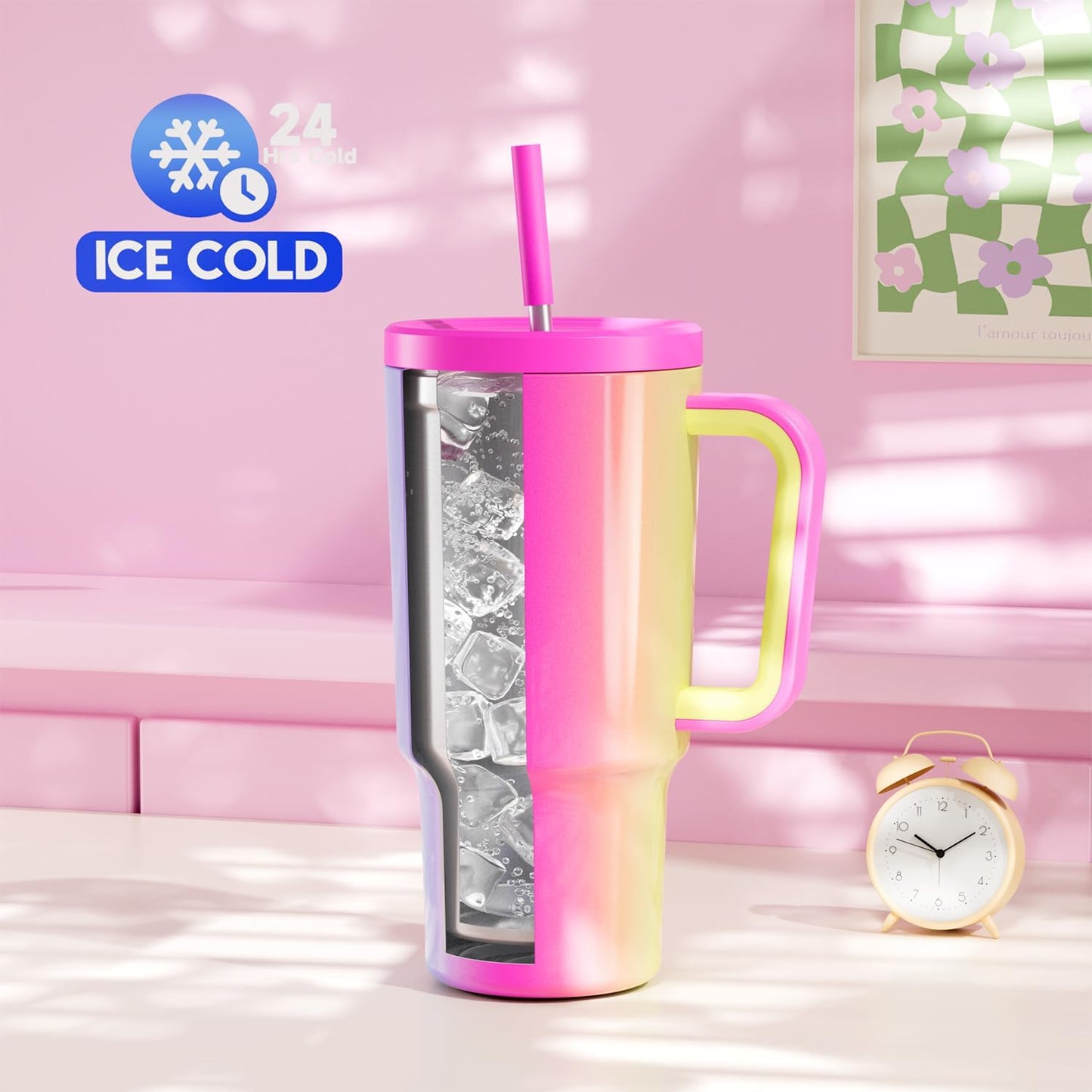 40 oz Tumbler with Handle and Straw: Stainless Steel Insulated Tumbler with Lid and Straw - 100% Leak Proof Tumbler for Car Cup Holders - Travelers Commuters Workers, Blue Rose