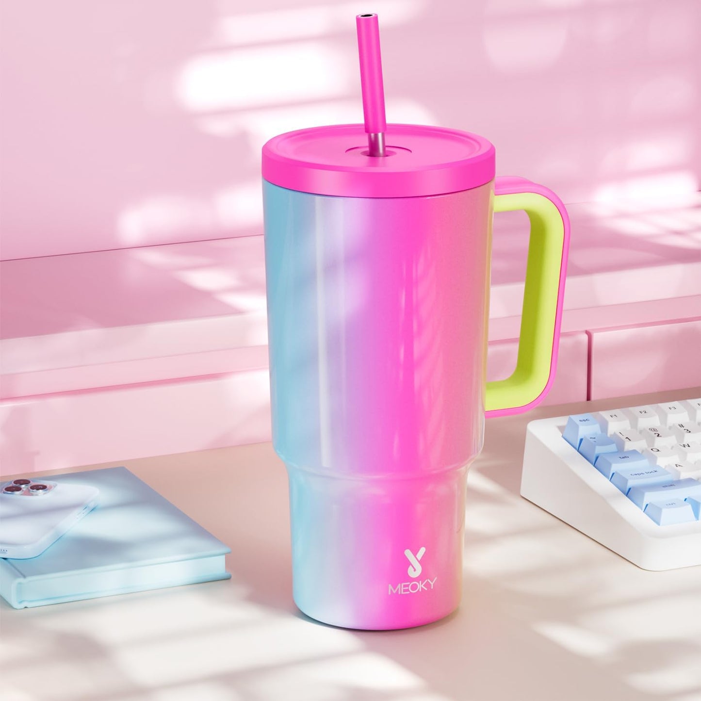 40 oz Tumbler with Handle and Straw: Stainless Steel Insulated Tumbler with Lid and Straw - 100% Leak Proof Tumbler for Car Cup Holders - Travelers Commuters Workers, Blue Rose