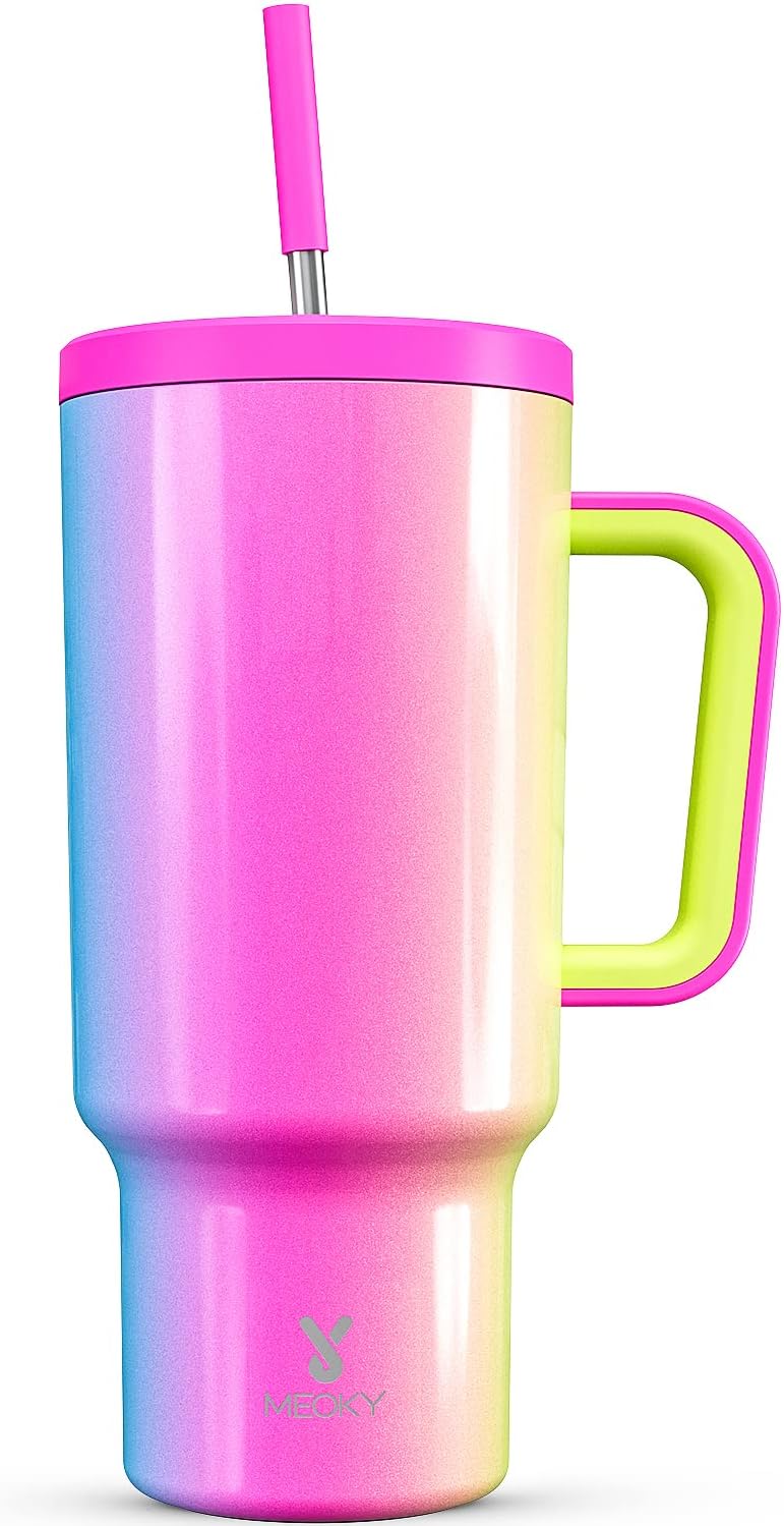 40 oz Tumbler with Handle and Straw: Stainless Steel Insulated Tumbler with Lid and Straw - 100% Leak Proof Tumbler for Car Cup Holders - Travelers Commuters Workers, Blue Rose