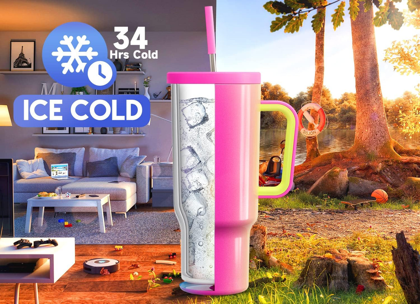 40 oz Tumbler with Handle and Straw: Stainless Steel Insulated Tumbler with Lid and Straw - 100% Leak Proof Tumbler for Car Cup Holders - Travelers Commuters Workers, Blue Rose
