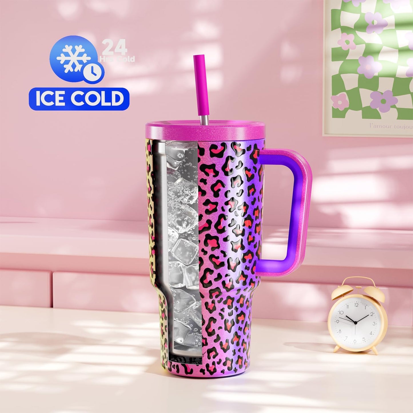 40 oz Tumbler with Handle and Straw: Stainless Steel Insulated Tumbler with Lid and Straw - 100% Leak Proof Tumbler for Car Cup Holders - Travelers Commuters Workers, Blue Rose