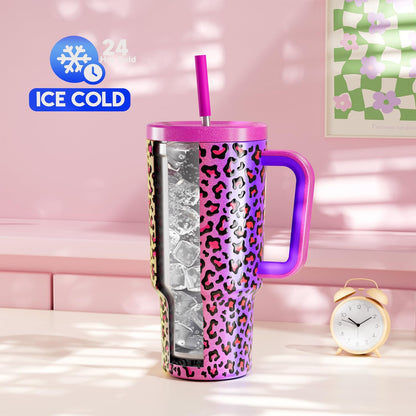 40 oz Tumbler with Handle and Straw: Stainless Steel Insulated Tumbler with Lid and Straw - 100% Leak Proof Tumbler for Car Cup Holders - Travelers Commuters Workers, Blue Rose