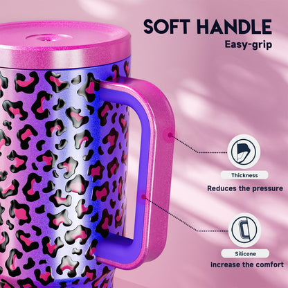 40 oz Tumbler with Handle and Straw: Stainless Steel Insulated Tumbler with Lid and Straw - 100% Leak Proof Tumbler for Car Cup Holders - Travelers Commuters Workers, Blue Rose