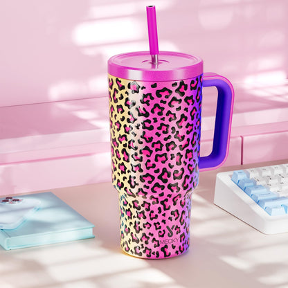 40 oz Tumbler with Handle and Straw: Stainless Steel Insulated Tumbler with Lid and Straw - 100% Leak Proof Tumbler for Car Cup Holders - Travelers Commuters Workers, Blue Rose