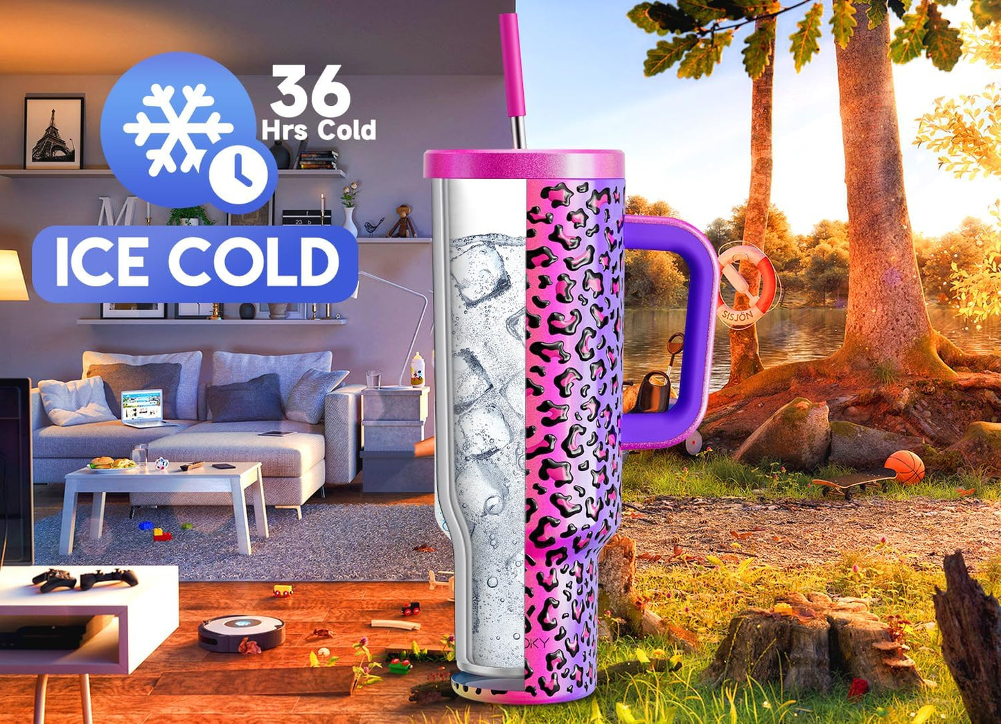 40 oz Tumbler with Handle and Straw: Stainless Steel Insulated Tumbler with Lid and Straw - 100% Leak Proof Tumbler for Car Cup Holders - Travelers Commuters Workers, Blue Rose