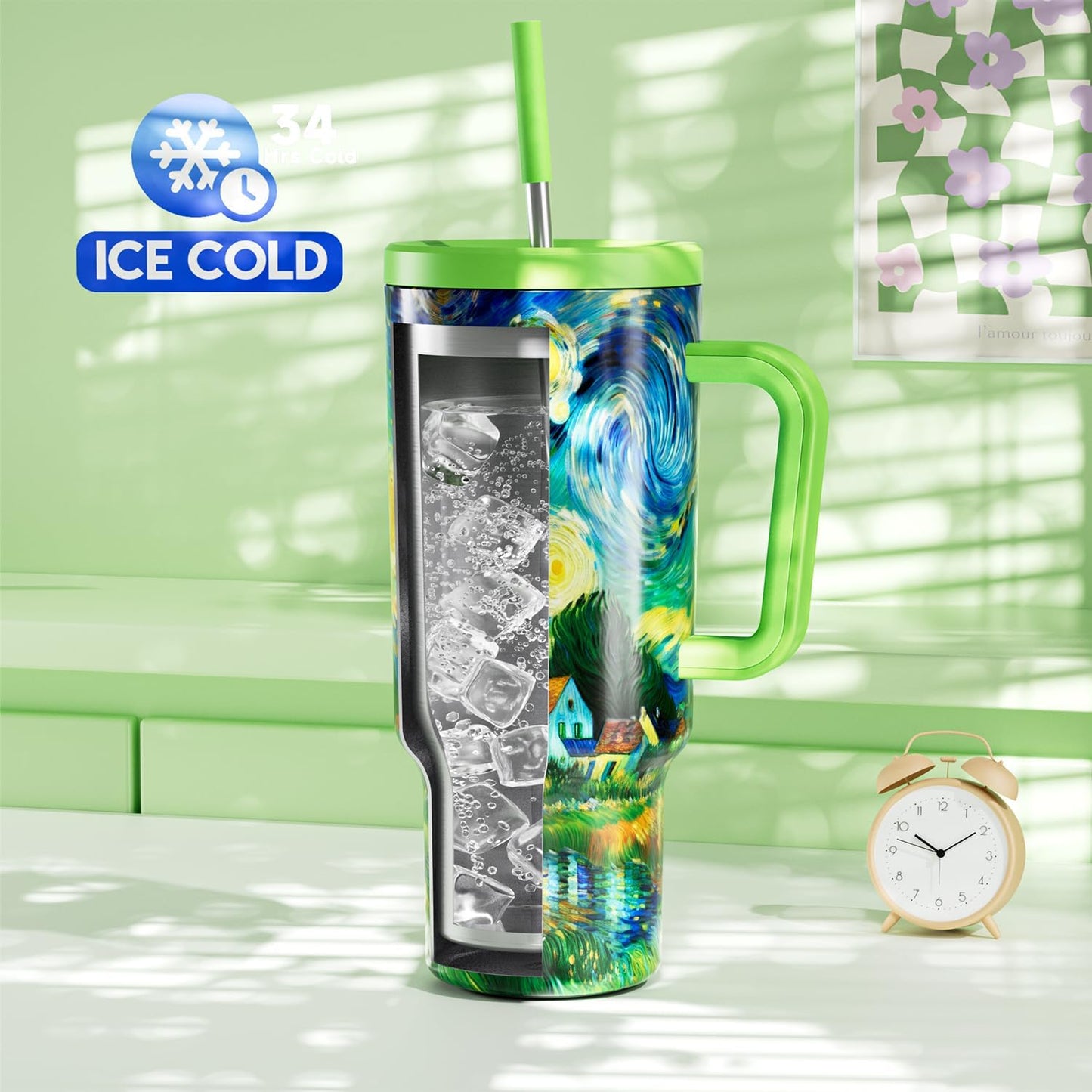 40 oz Tumbler with Handle and Straw: Stainless Steel Insulated Tumbler with Lid and Straw - 100% Leak Proof Tumbler for Car Cup Holders - Travelers Commuters Workers, Blue Rose